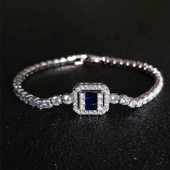 Solid Silver 1ct Blue Sapphire 2ct Diamond Tennis Bracelet Princess Cut Jewelry - Picture 4 of 7